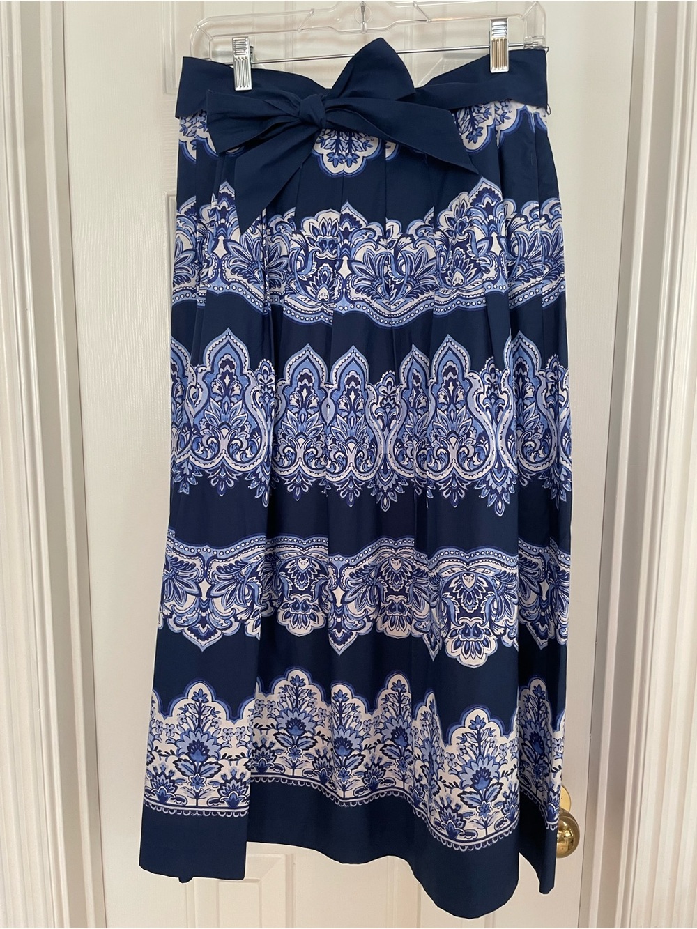 Talbots Navy and White Printed Midi Skirt with Waist Tie